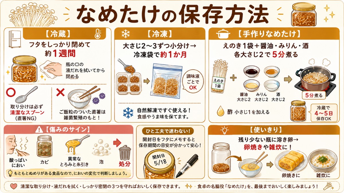 なめたけの保存方法カード（清潔スプーンで冷蔵1週間・小分け冷凍1か月・手作りは4〜5日のまとめ）