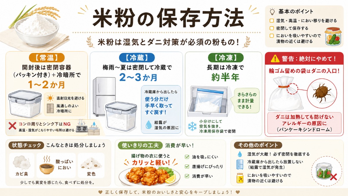 米粉の保存方法カード（密閉容器で冷暗所1〜2か月・夏は冷蔵・ダニ対策必須のまとめ）