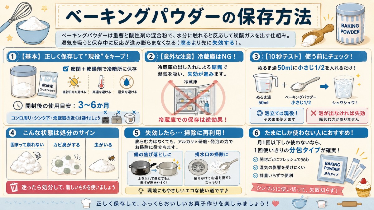 ベーキングパウダーの保存方法カード（密閉＋乾燥剤で3〜6か月・冷蔵庫NG・ぬるま湯の泡テストのまとめ）