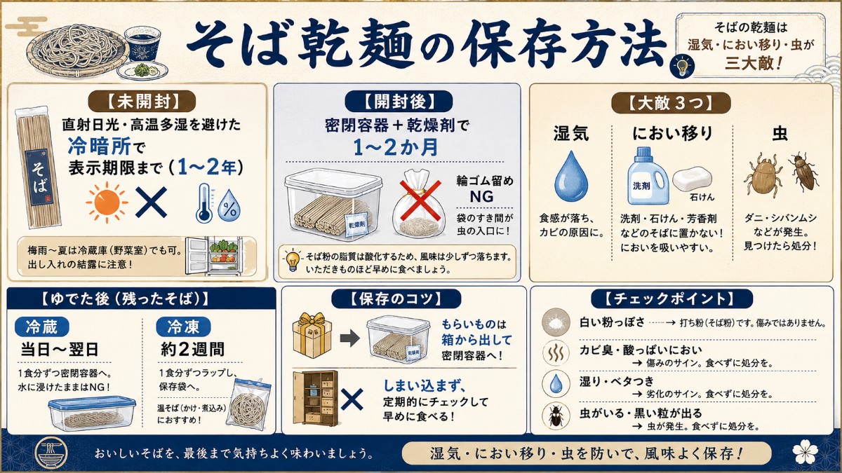 そば乾麺の保存方法カード（密閉＋乾燥剤で冷暗所・開封後1〜2か月・湿気とにおいと虫対策のまとめ）