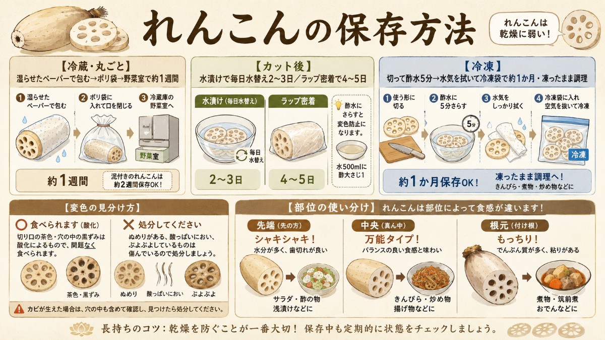れんこんの保存方法カード（湿らせて包んで野菜室1週間・水漬け2〜3日・冷凍1か月のまとめ）