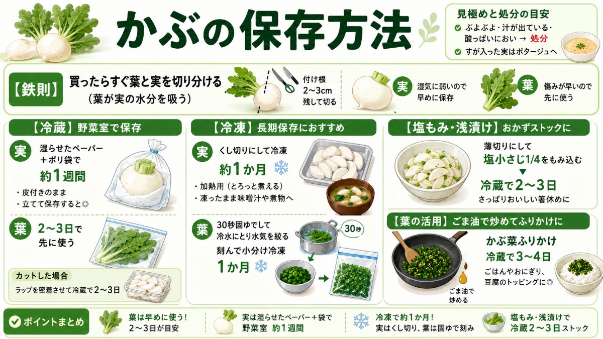 かぶの保存方法カード（葉を切り分けて実1週間・葉2〜3日・くし切り冷凍1か月のまとめ）