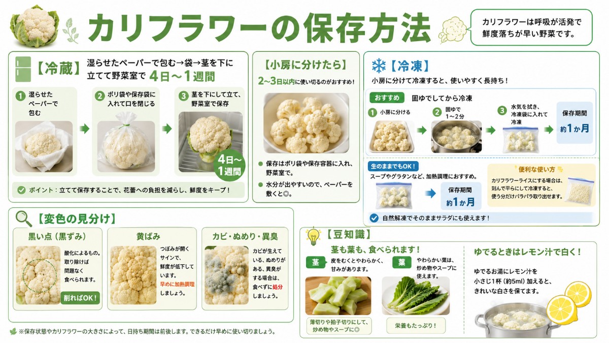 カリフラワーの保存方法カード（包んで立てて野菜室1週間・小房固ゆで冷凍1か月のまとめ）