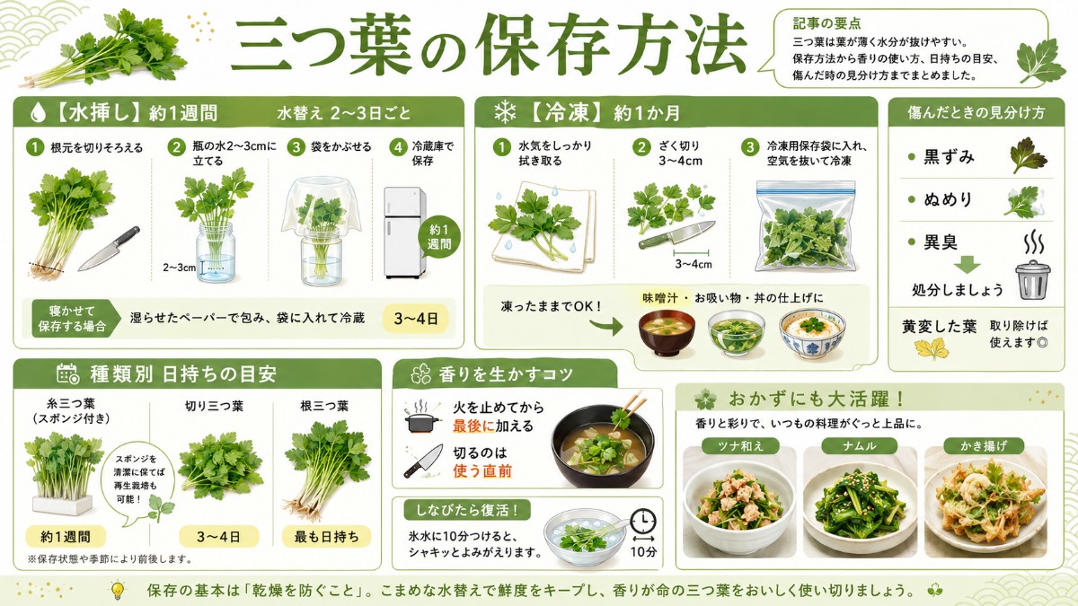 三つ葉の保存方法カード（水挿しで1週間・ざく切り冷凍1か月・香りは火を止めてからのまとめ）