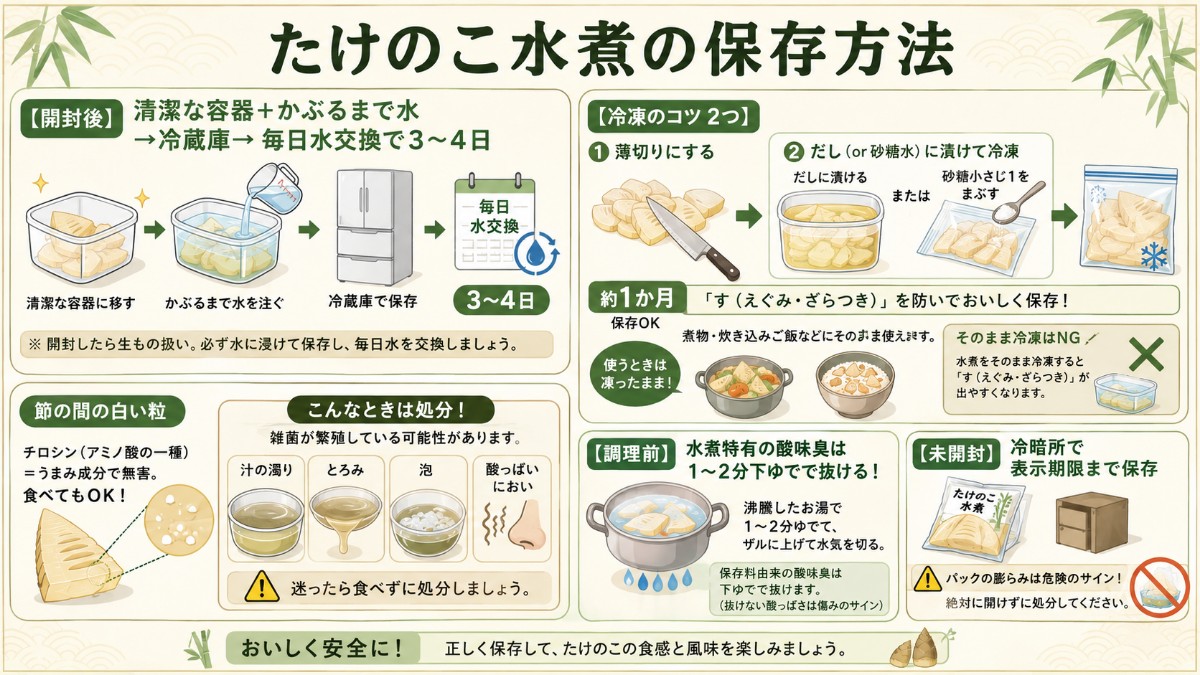 たけのこ水煮の保存方法カード（水漬けで毎日交換3〜4日・だし漬け冷凍1か月・チロシンは無害のまとめ）
