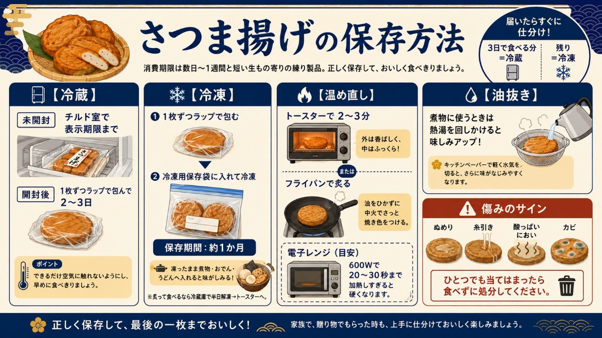 さつま揚げの保存方法カード（開封後2〜3日・1枚ずつ冷凍1か月・トースターで炙るのまとめ）