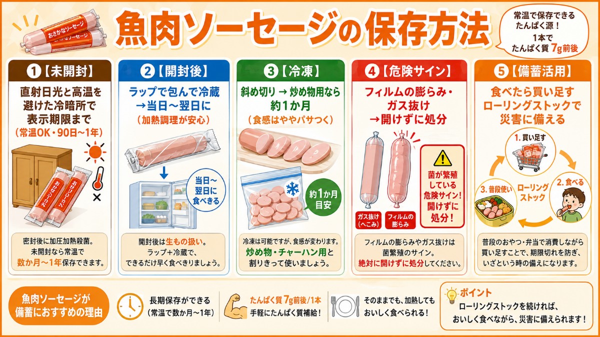 魚肉ソーセージの保存方法カード（未開封は常温・開封後は翌日まで・フィルムの膨らみは処分のまとめ）