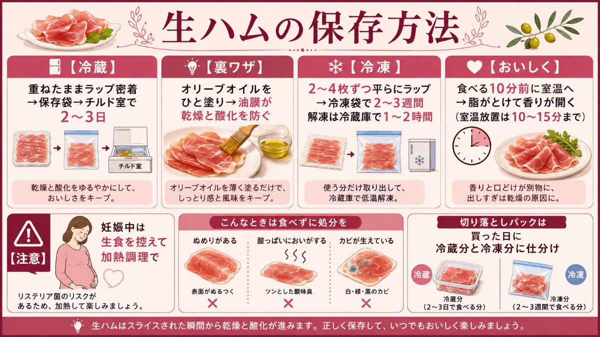 生ハムの保存方法カード（ラップ密着でチルド2〜3日・オイルで乾燥防止・小分け冷凍3週間のまとめ）