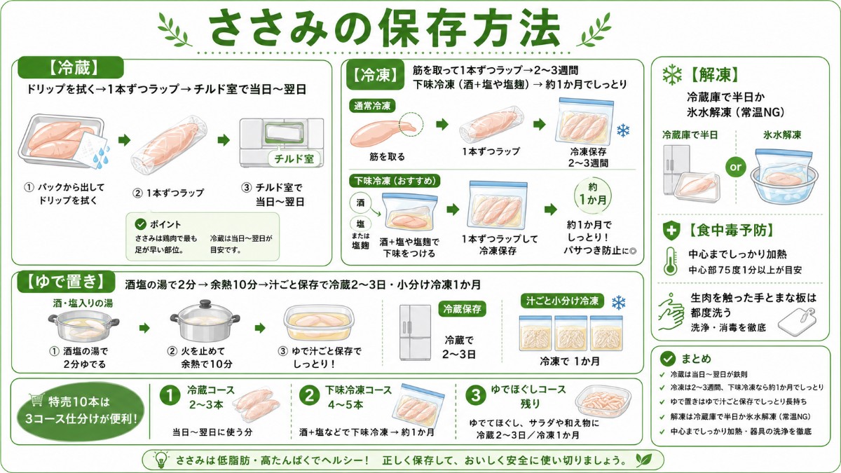 ささみの保存方法カード（冷蔵は翌日まで・下味冷凍1か月・ゆで置きは汁ごとのまとめ）