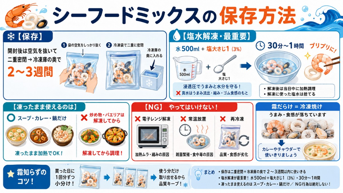 シーフードミックスの保存方法カード（二重密閉2〜3週間・3%塩水解凍でプリプリ・再冷凍NGのまとめ）