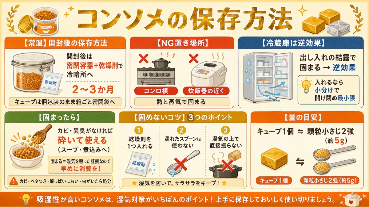 コンソメの保存方法カード（密閉＋乾燥剤で2〜3か月・コンロ横NG・固まっても使えるのまとめ）