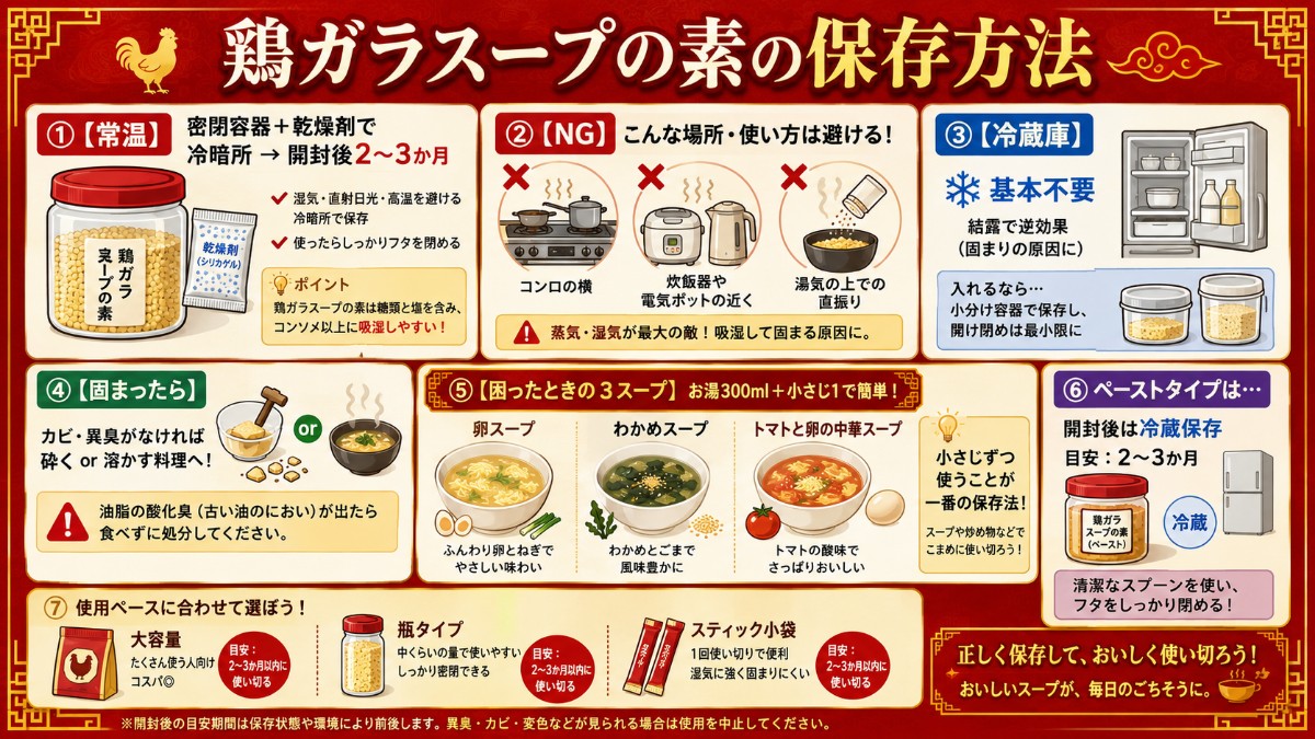 鶏ガラスープの素の保存方法カード（密閉＋乾燥剤で2〜3か月・蒸気を避ける・卵スープで消費のまとめ）