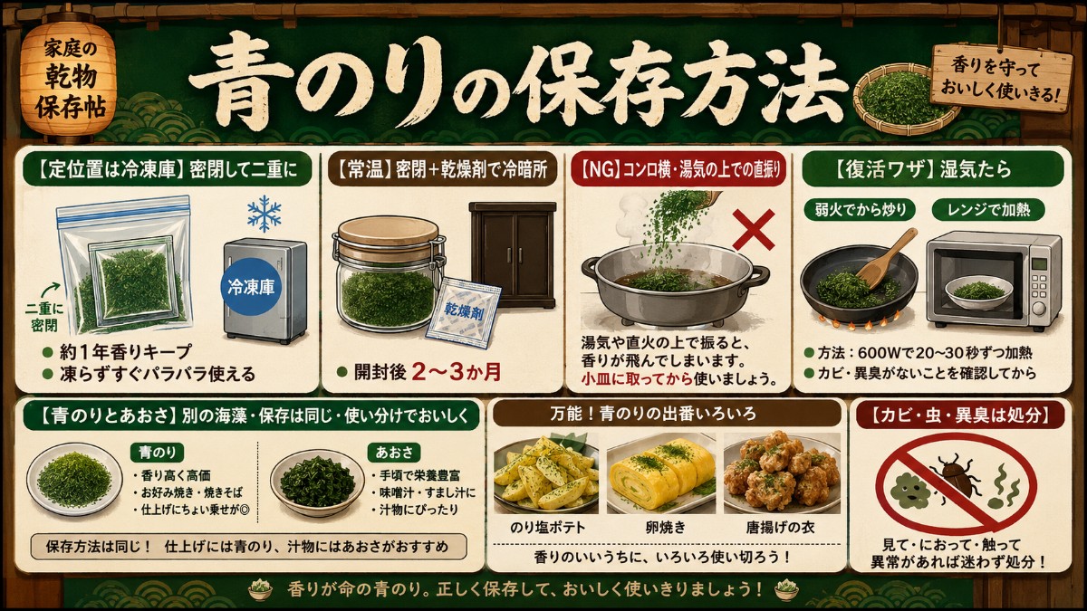 青のりの保存方法カード（密閉して冷凍庫で1年・から炒りで復活・のり塩活用のまとめ）