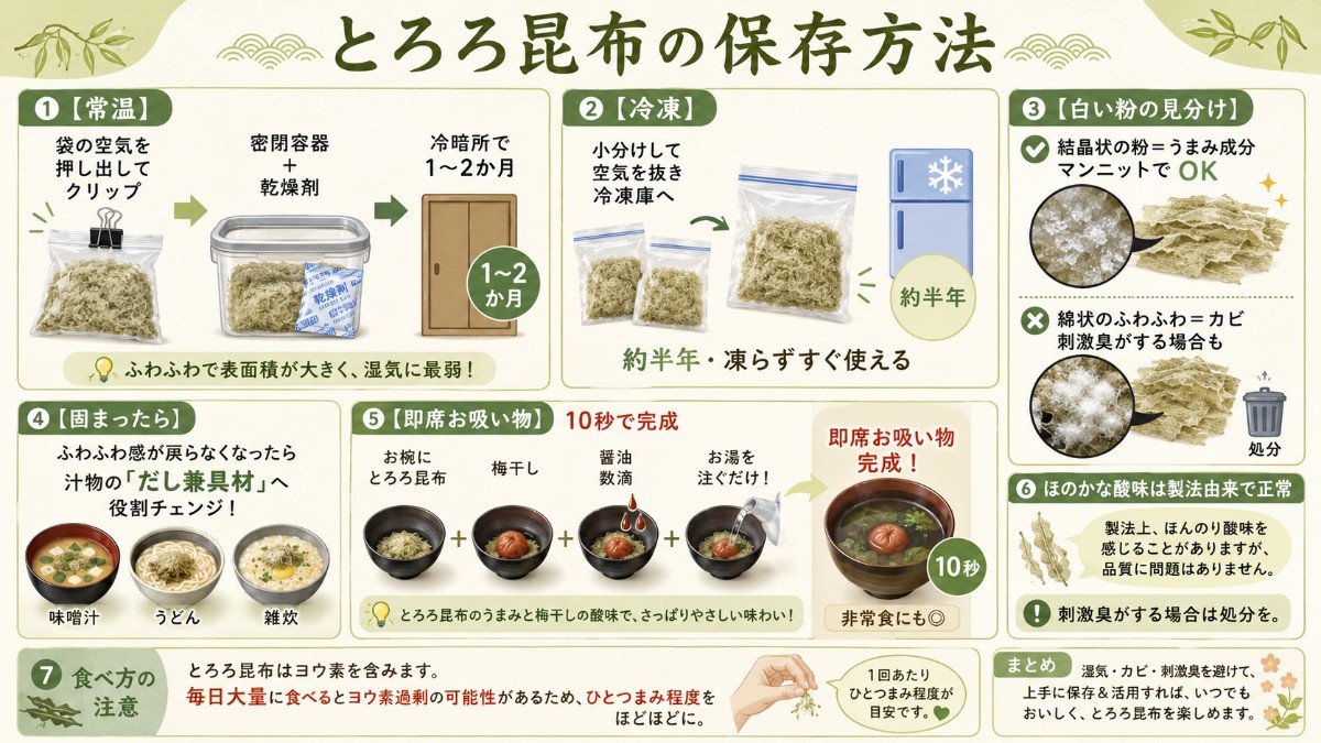 とろろ昆布の保存方法カード（空気を抜いて密閉1〜2か月・冷凍半年・即席お吸い物のまとめ）