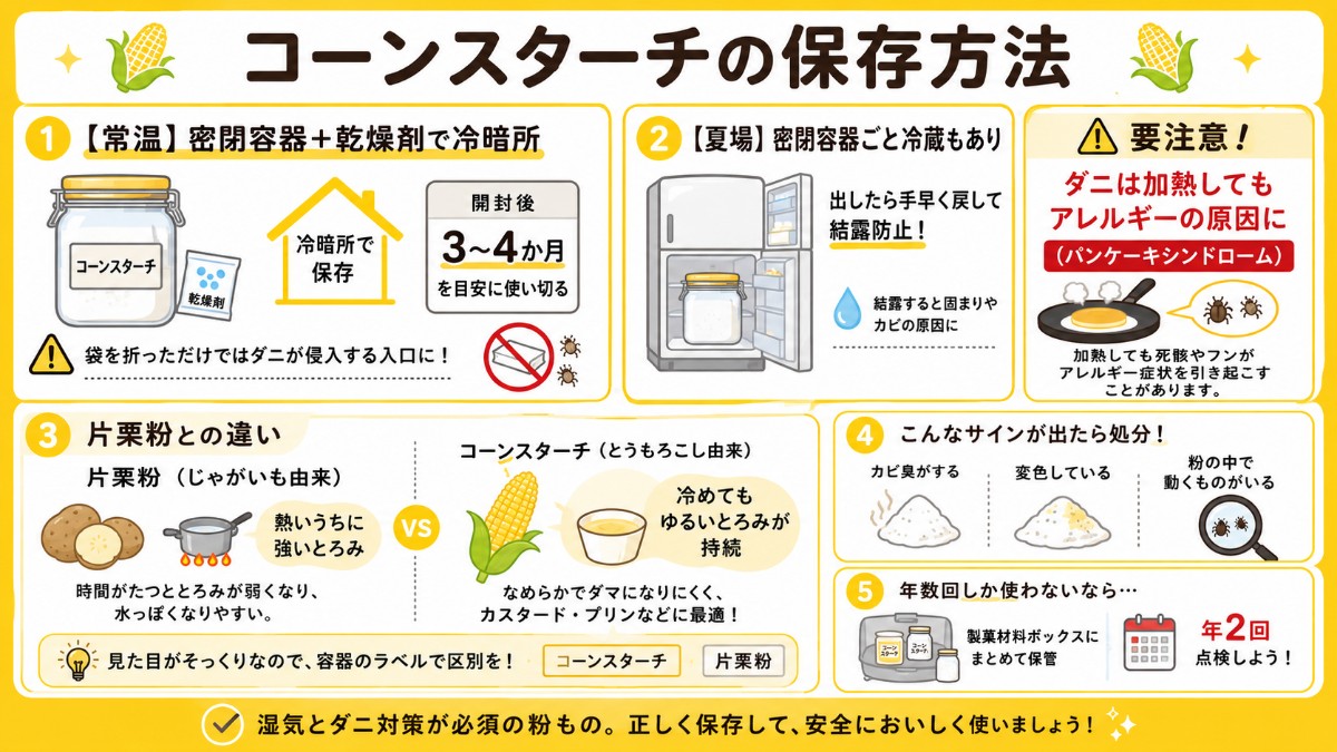 コーンスターチの保存方法カード（密閉容器で3〜4か月・ダニ対策必須・片栗粉との違いのまとめ）