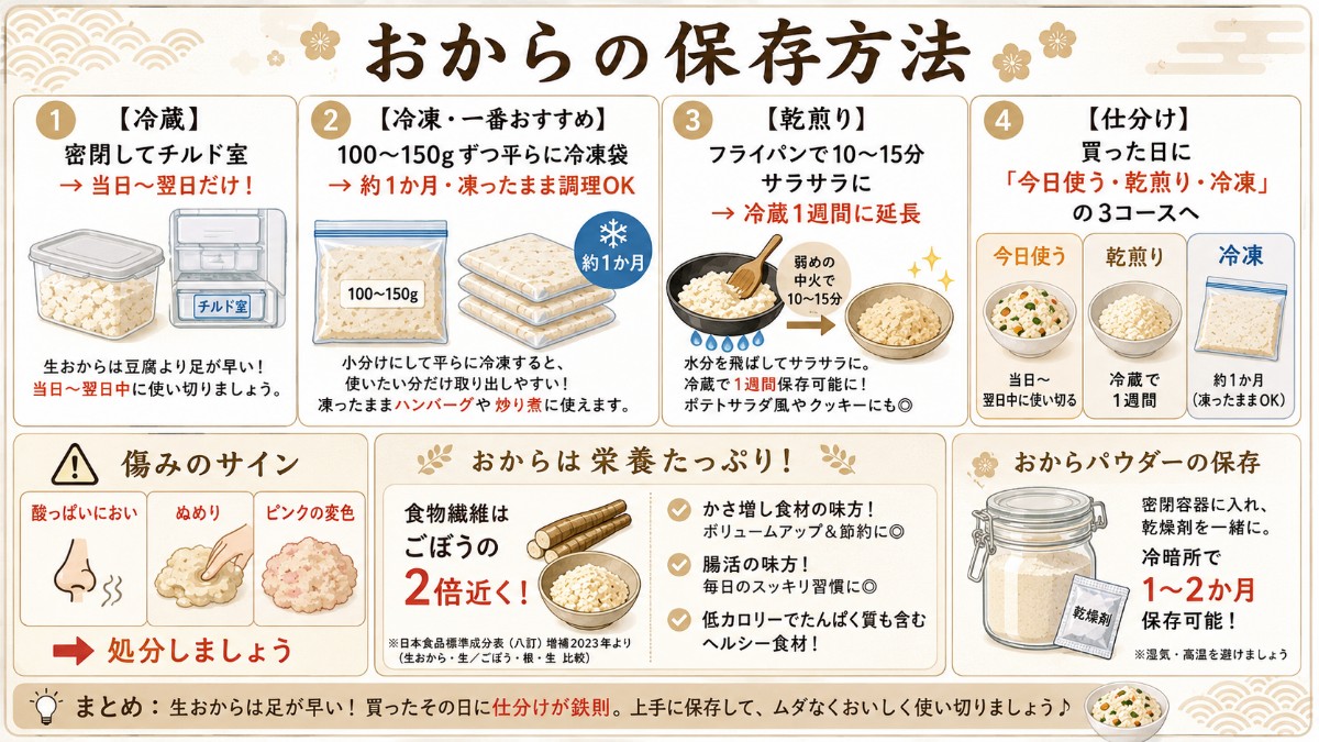おからの保存方法カード（生おからは当日〜翌日・から炒りで冷蔵3〜4日・小分け冷凍1か月のまとめ）