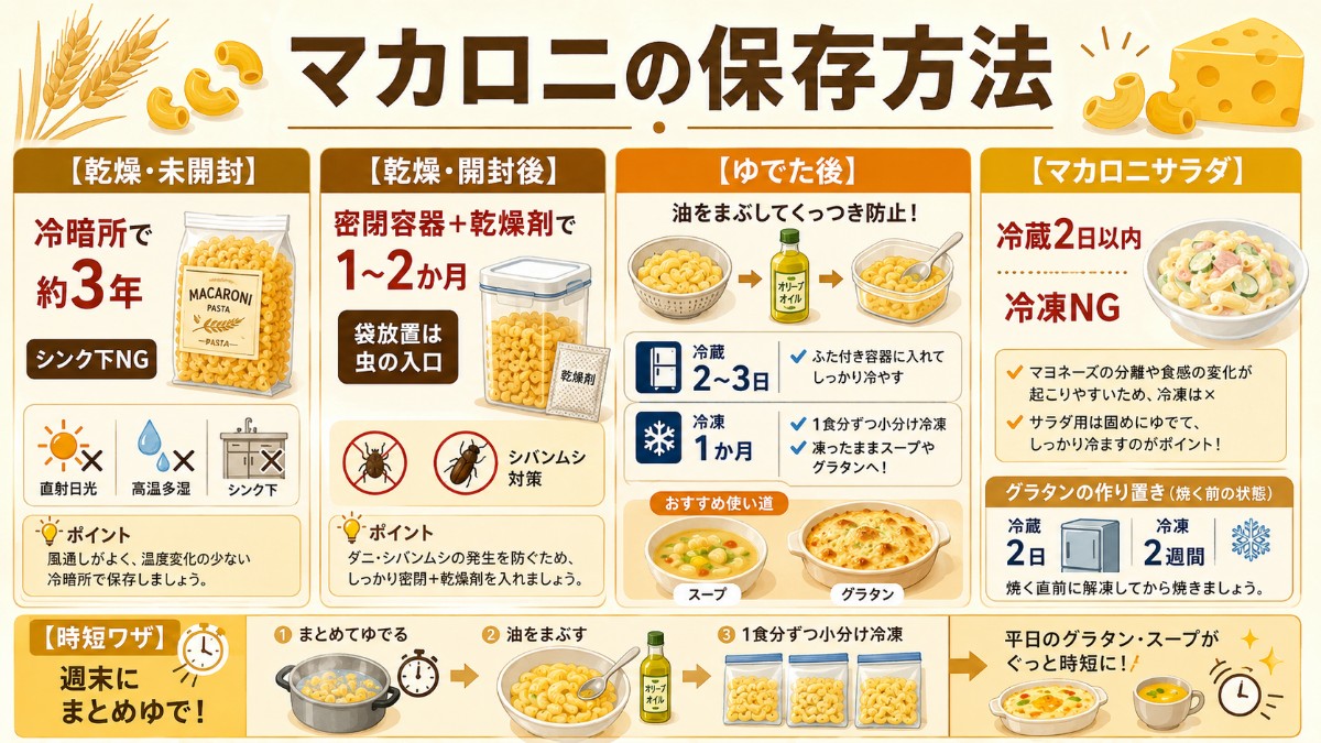 マカロニの保存方法カード（乾麺は密閉して冷暗所・ゆで置きはオイルで2〜3日・冷凍1か月のまとめ）