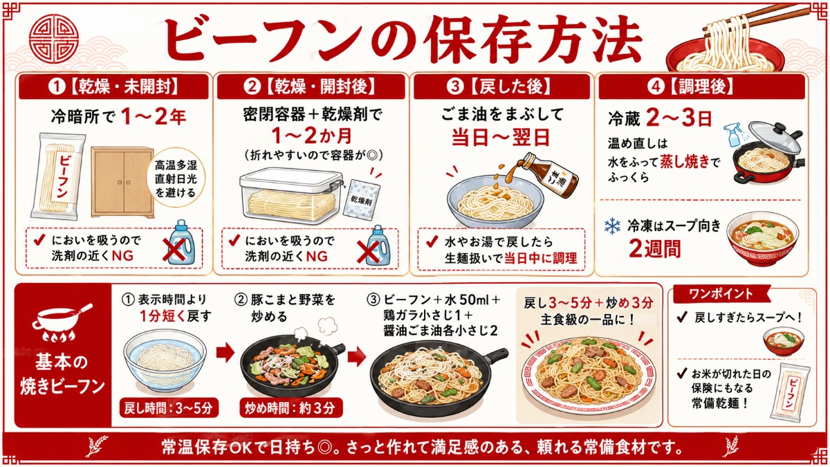ビーフンの保存方法カード（乾麺は密閉常温・戻したら冷蔵2〜3日・味付け後の冷凍が便利のまとめ）
