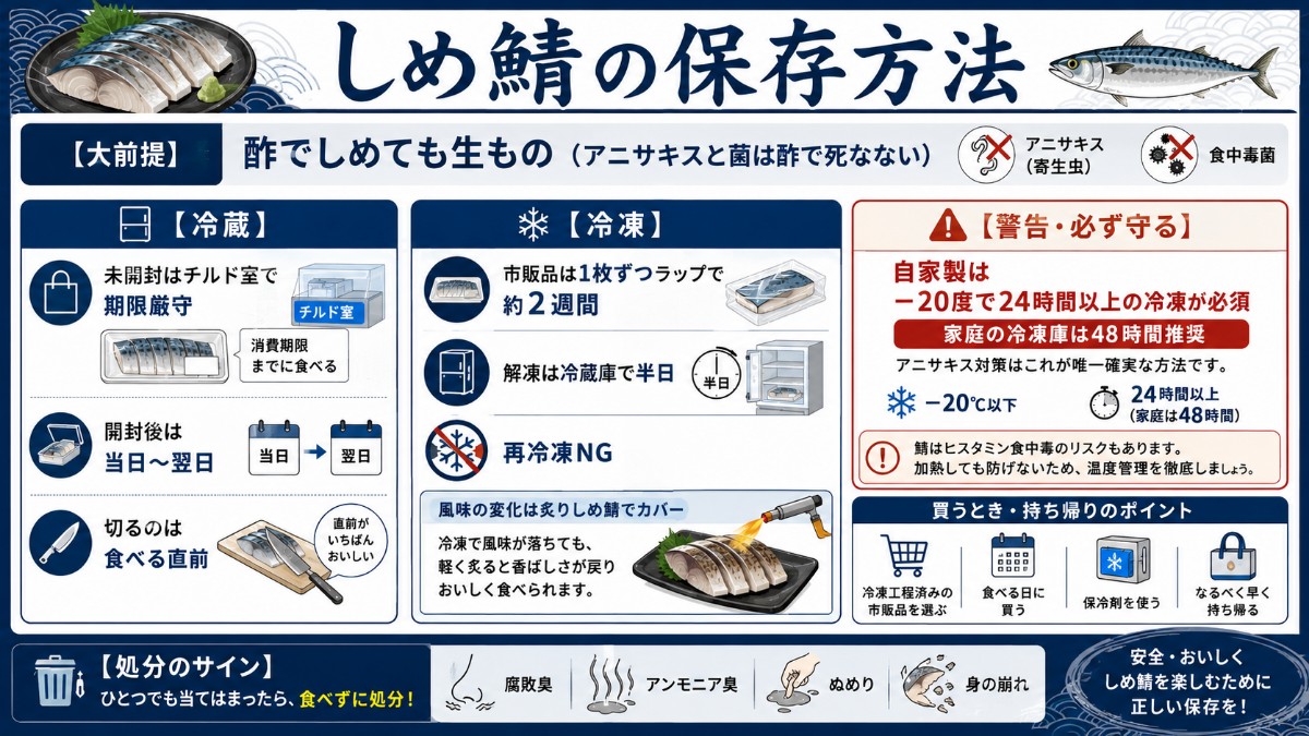 しめ鯖の保存方法カード（チルドで期限厳守・冷凍2週間・自家製は-20度24時間以上必須のまとめ）