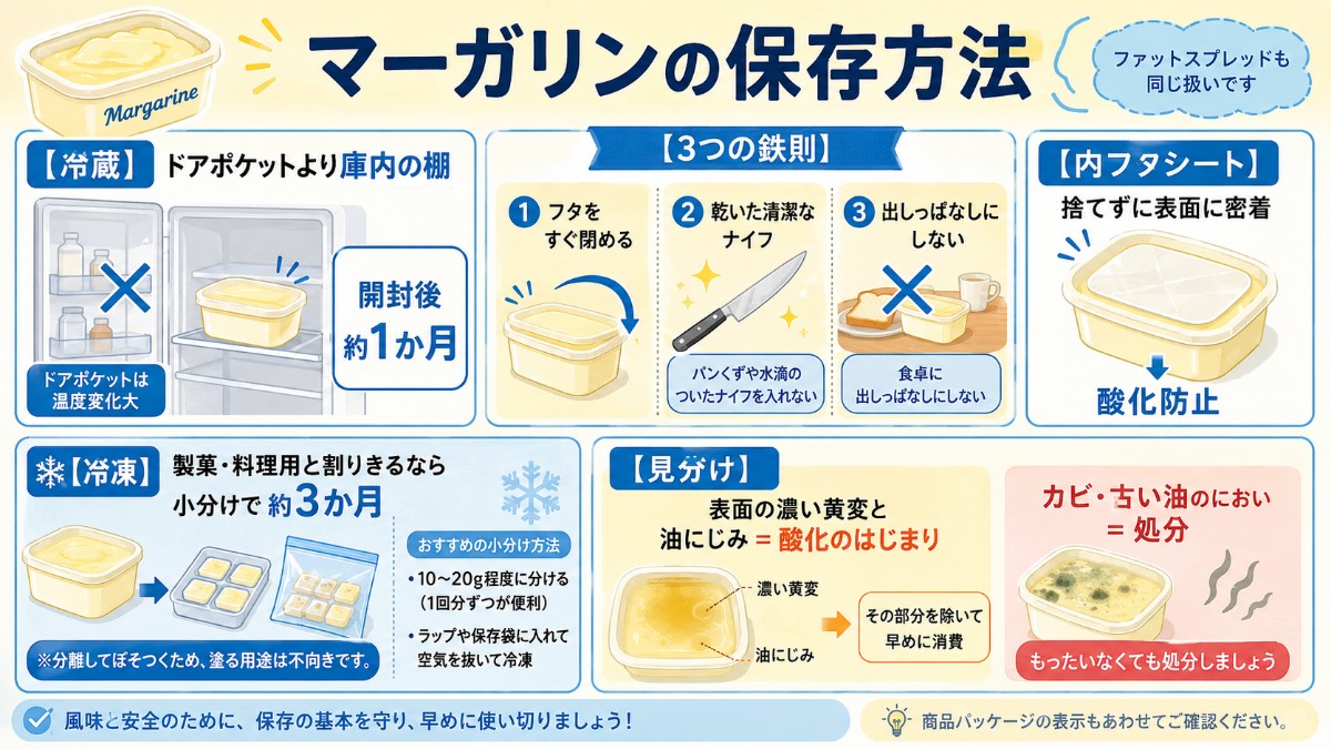 マーガリンの保存方法カード（冷蔵庫ドアポケットで開封後1か月・常温放置NG・冷凍不向きのまとめ）