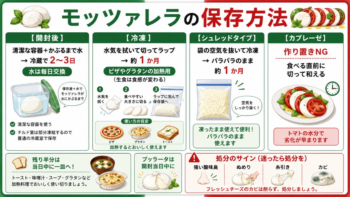 モッツァレラチーズの保存方法カード（保存液ごと冷蔵・開封後2〜3日・加熱用なら冷凍1か月のまとめ）