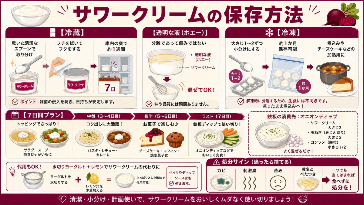 サワークリームの保存方法カード（清潔なスプーンで開封後1週間〜10日・分離した水分は混ぜる・冷凍は加熱用のまとめ）