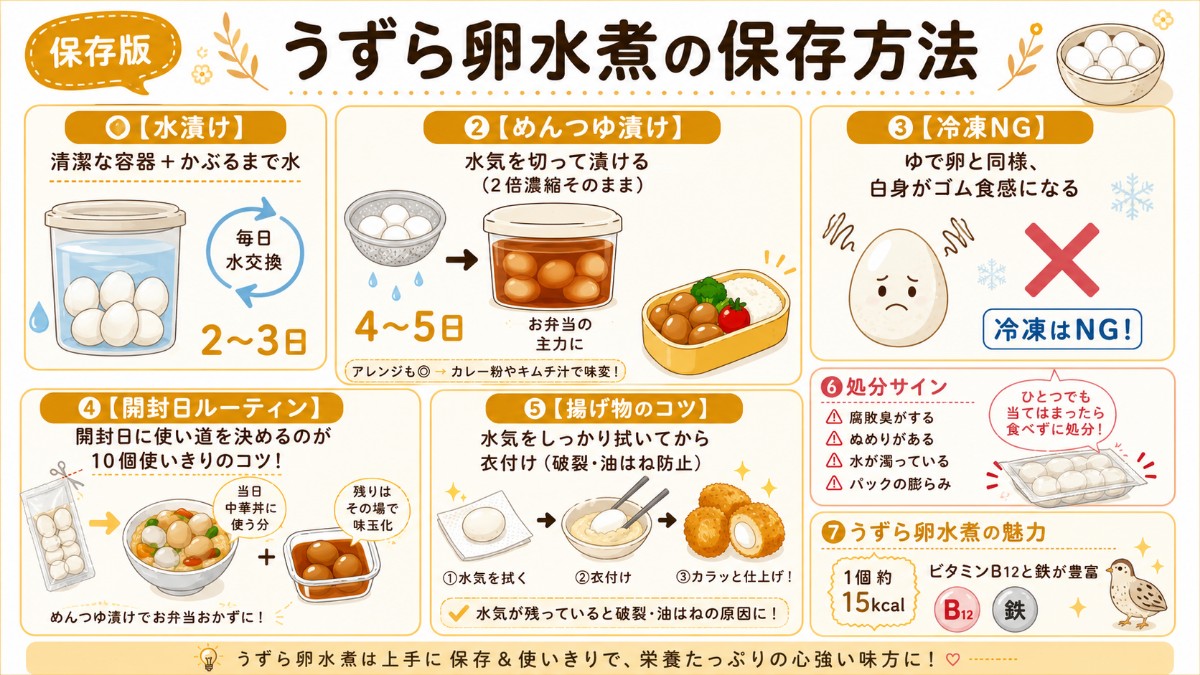 うずら卵水煮の保存方法カード（開封後は水を替えて2〜3日・漬け込みで日持ちアップ・冷凍は食感変化のまとめ）