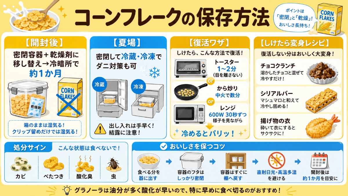 コーンフレークの保存方法カード（開封後は密閉して1か月・湿気たらオーブントースターで復活のまとめ）