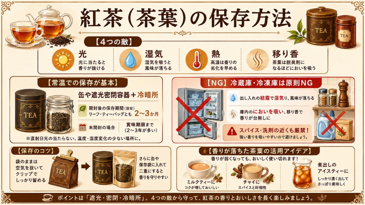 紅茶の保存方法カード（缶＋冷暗所で開封後2〜3か月・冷蔵庫は結露と移り香でNGのまとめ）