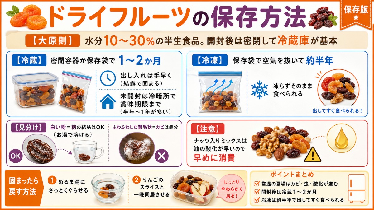 ドライフルーツの保存方法カード（開封後は密閉して冷蔵1〜2か月・冷凍半年・白い粉とカビの見分けのまとめ）