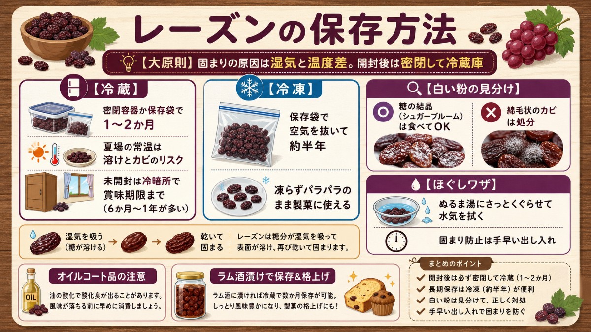 レーズンの保存方法カード（密閉して冷蔵1〜2か月・冷凍半年でパラパラのまま・白い粉は糖の結晶のまとめ）