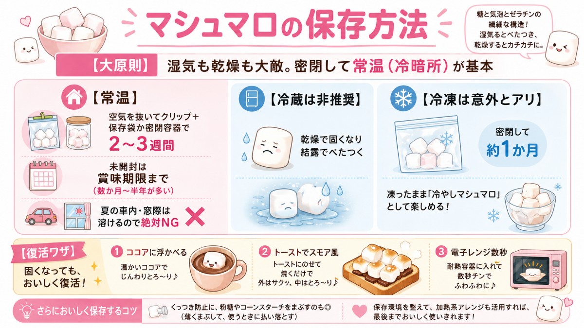 マシュマロの保存方法カード（密閉して常温2〜3週間・冷蔵非推奨・冷凍1か月で冷やしマシュマロのまとめ）