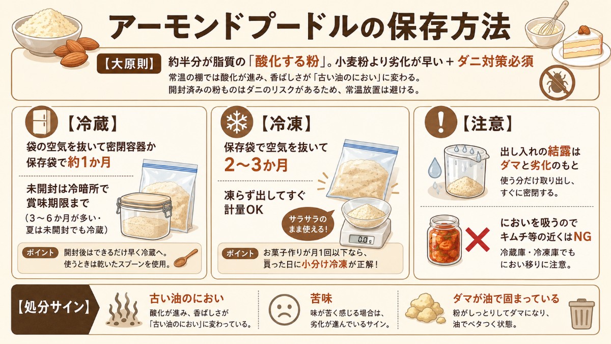 アーモンドプードルの保存方法カード（酸化する粉は密閉して冷蔵1か月・冷凍2〜3か月・ダニ対策のまとめ）