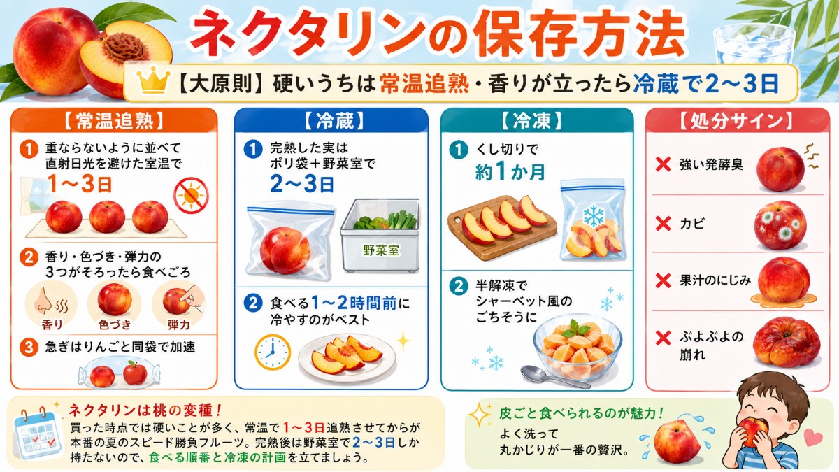 ネクタリンの保存方法カード（常温追熟1〜3日・完熟後は野菜室2〜3日・くし切り冷凍1か月のまとめ）