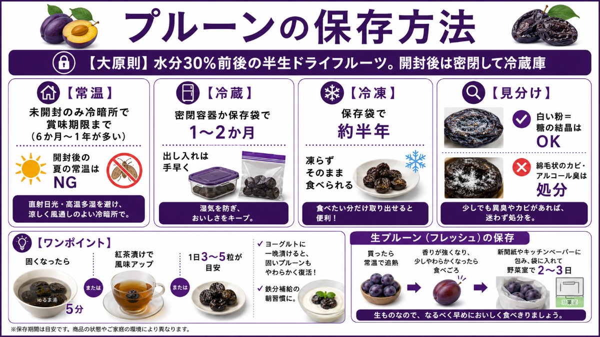 プルーンの保存方法カード（開封後は密閉して冷蔵1〜2か月・冷凍半年・白い粉は糖の結晶のまとめ）
