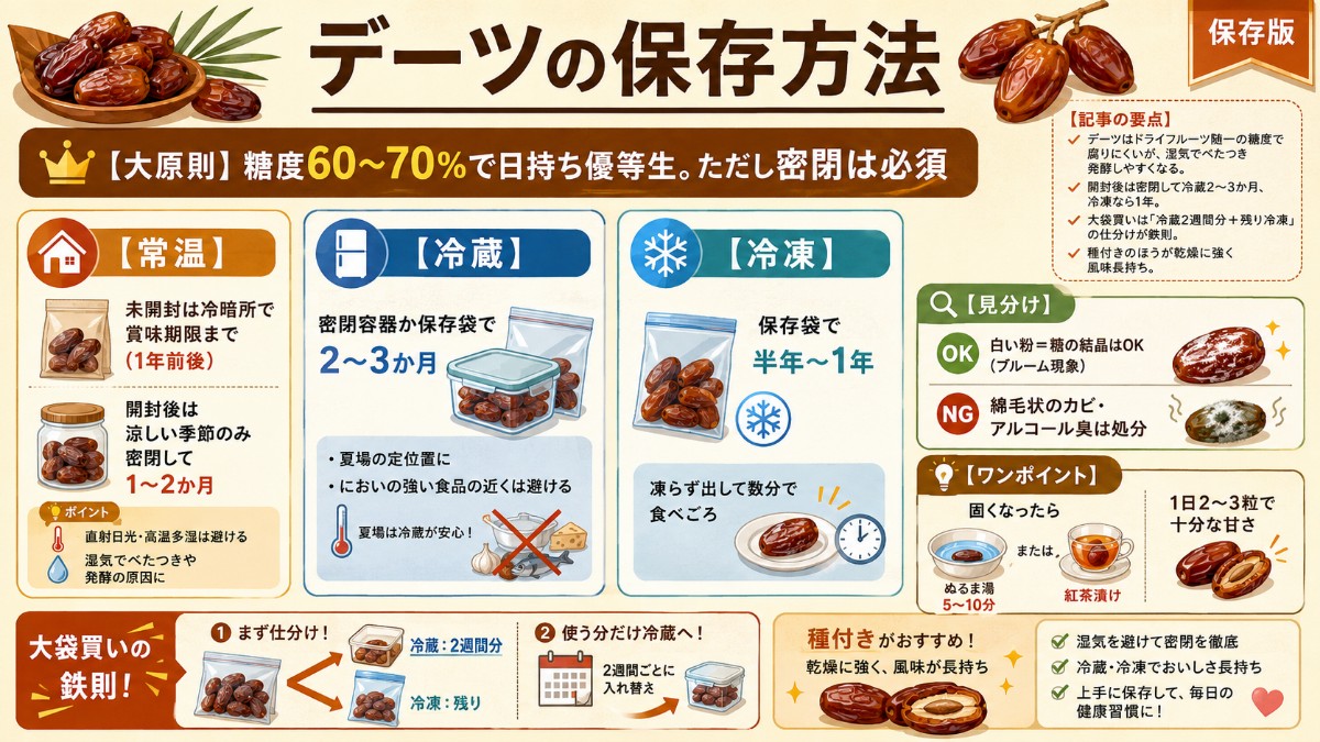 デーツの保存方法カード（密閉して冷蔵2〜3か月・冷凍で半年〜1年・固まりはぬるま湯で戻すのまとめ）