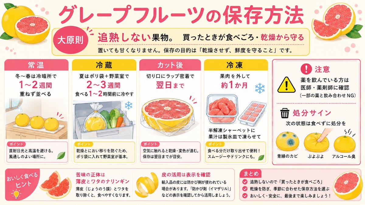 グレープフルーツの保存方法カード（夏はポリ袋＋野菜室2〜3週間・カット後は翌日まで・薬の飲み合わせ注意のまとめ）