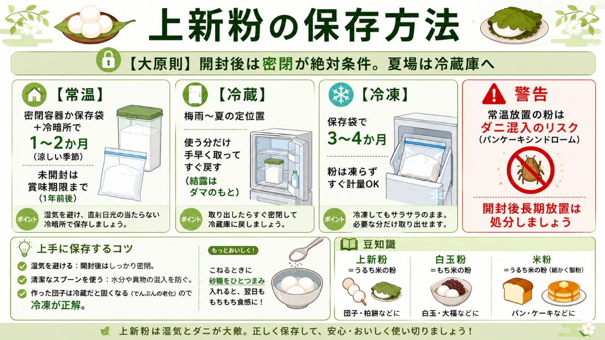 上新粉の保存方法カード（密閉して冷暗所1〜2か月・夏は冷蔵庫・ダニ対策必須のまとめ）