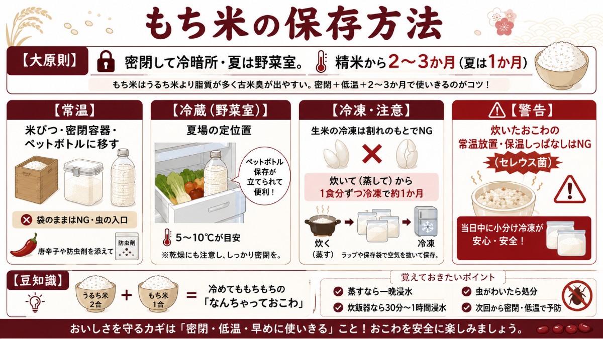 もち米の保存方法カード（密閉して冷暗所か野菜室で2〜3か月・炊いてから冷凍1か月のまとめ）
