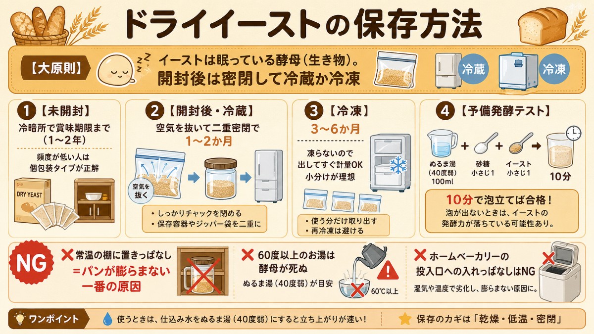ドライイーストの保存方法カード（開封後は冷蔵1〜2か月・冷凍3〜6か月・予備発酵テストのまとめ）