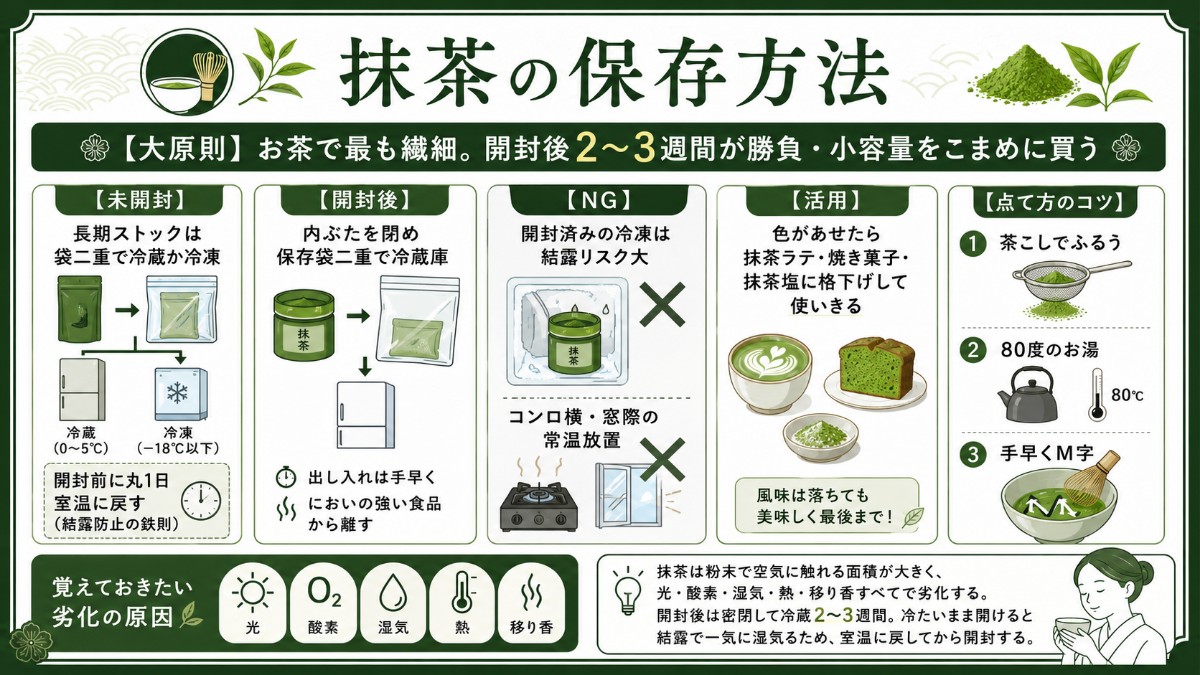抹茶の保存方法カード（開封後は密閉して冷蔵2〜3週間・結露防止に室温へ戻してから開封のまとめ）