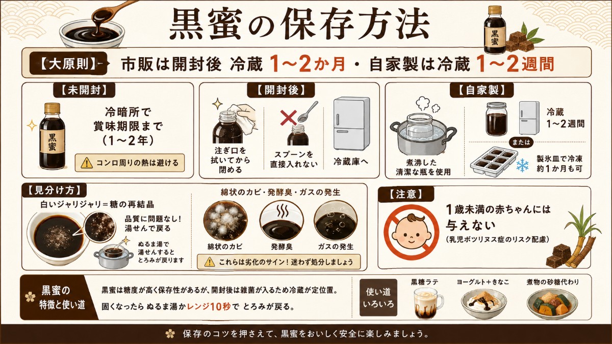 黒蜜の保存方法カード（開封後は冷蔵1〜2か月・自家製は1〜2週間・白い結晶は湯せんで戻るのまとめ）