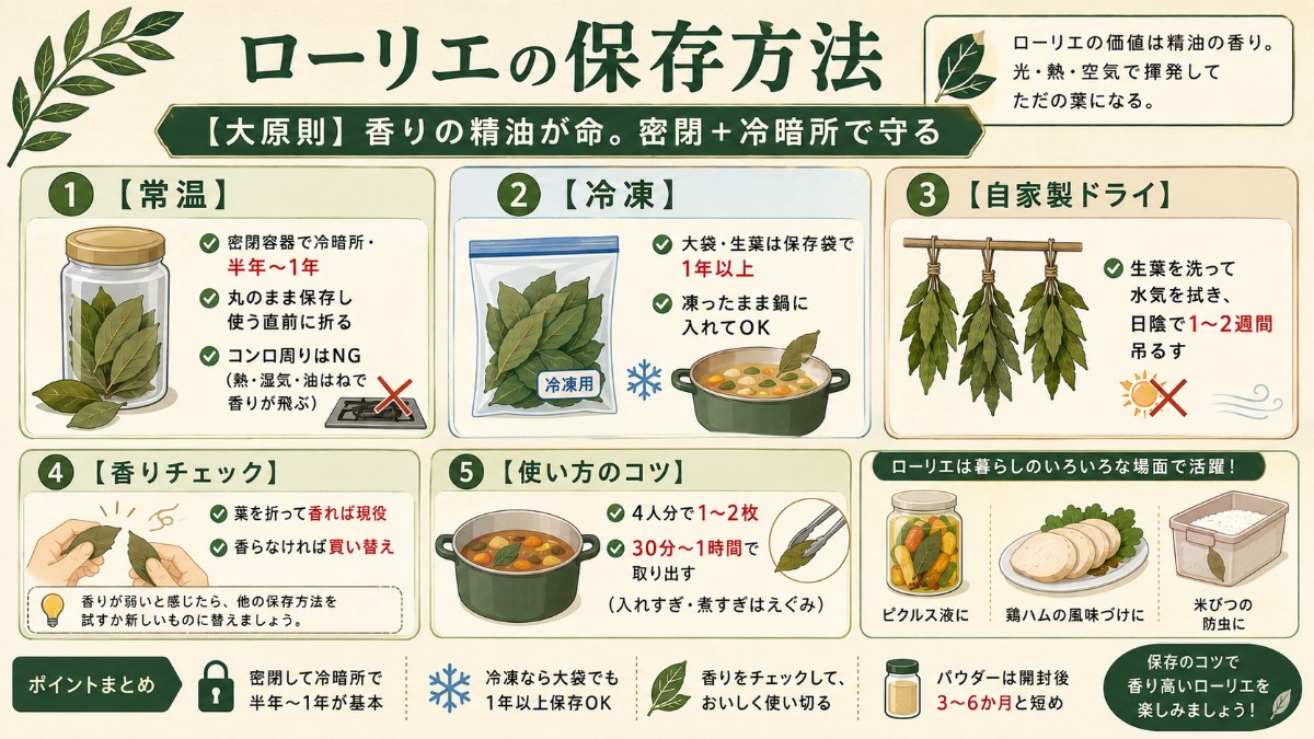 ローリエの保存方法カード（密閉して冷暗所で半年〜1年・使う直前に折る・冷凍1年以上のまとめ）