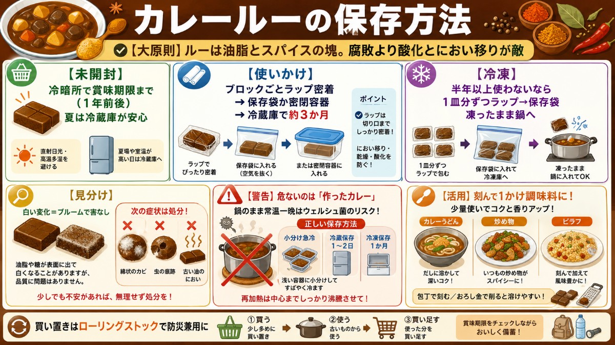 カレールーの保存方法カード（使いかけはラップ密着で冷蔵3か月・作ったカレーの常温放置NGのまとめ）
