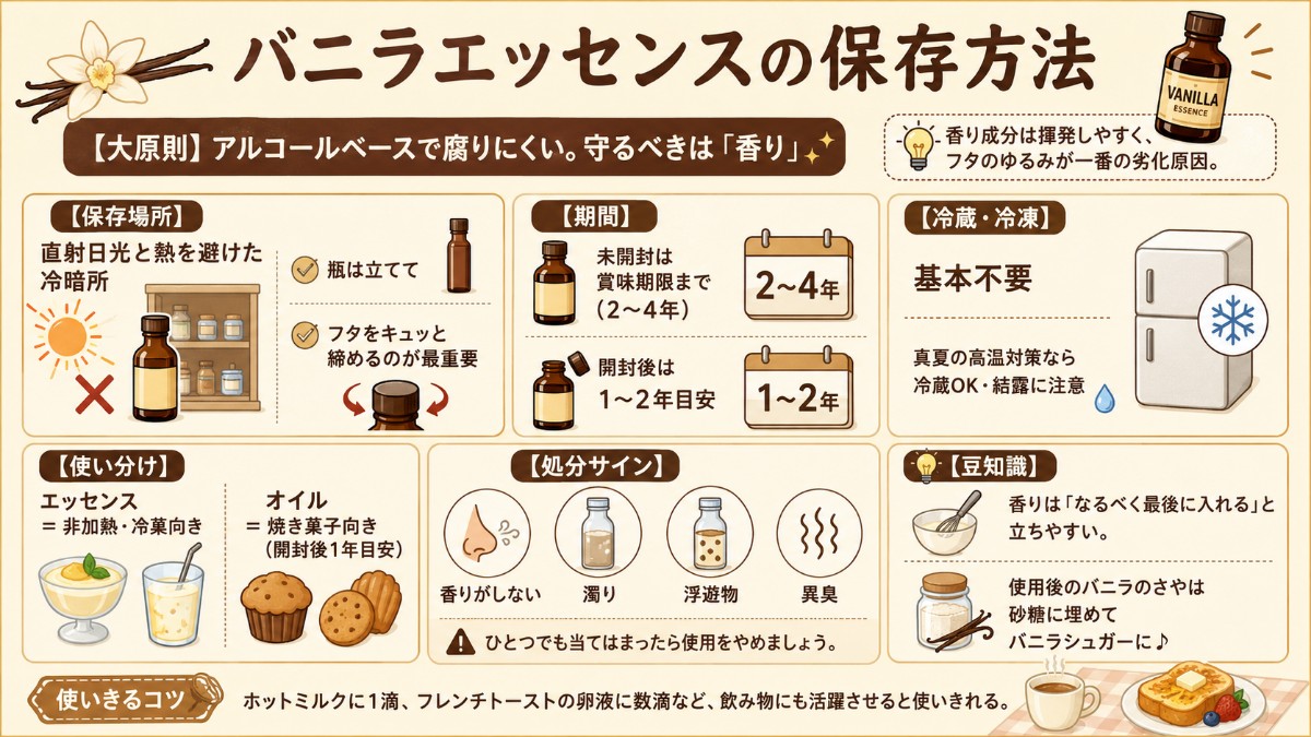 バニラエッセンスの保存方法カード（冷暗所で立てて1〜2年・フタの締めが命・オイルとの使い分けのまとめ）