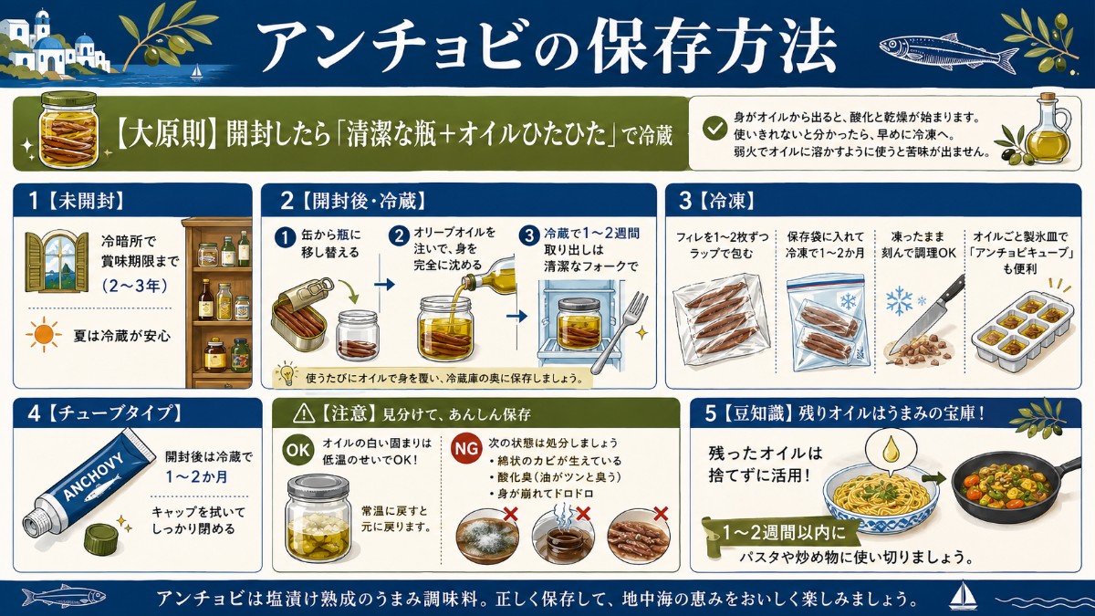 アンチョビの保存方法カード（開封後は瓶に移してオイルひたひたで冷蔵1〜2週間・小分け冷凍1〜2か月のまとめ）