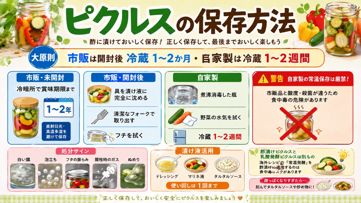 ピクルスの保存方法カード（市販は開封後冷蔵1〜2か月・自家製は1〜2週間で常温厳禁のまとめ）