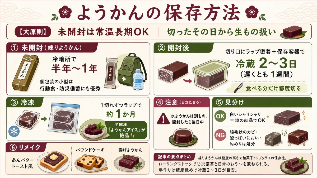 ようかんの保存方法カード（未開封は常温半年〜1年・切ったらラップ密着で冷蔵2〜3日のまとめ）