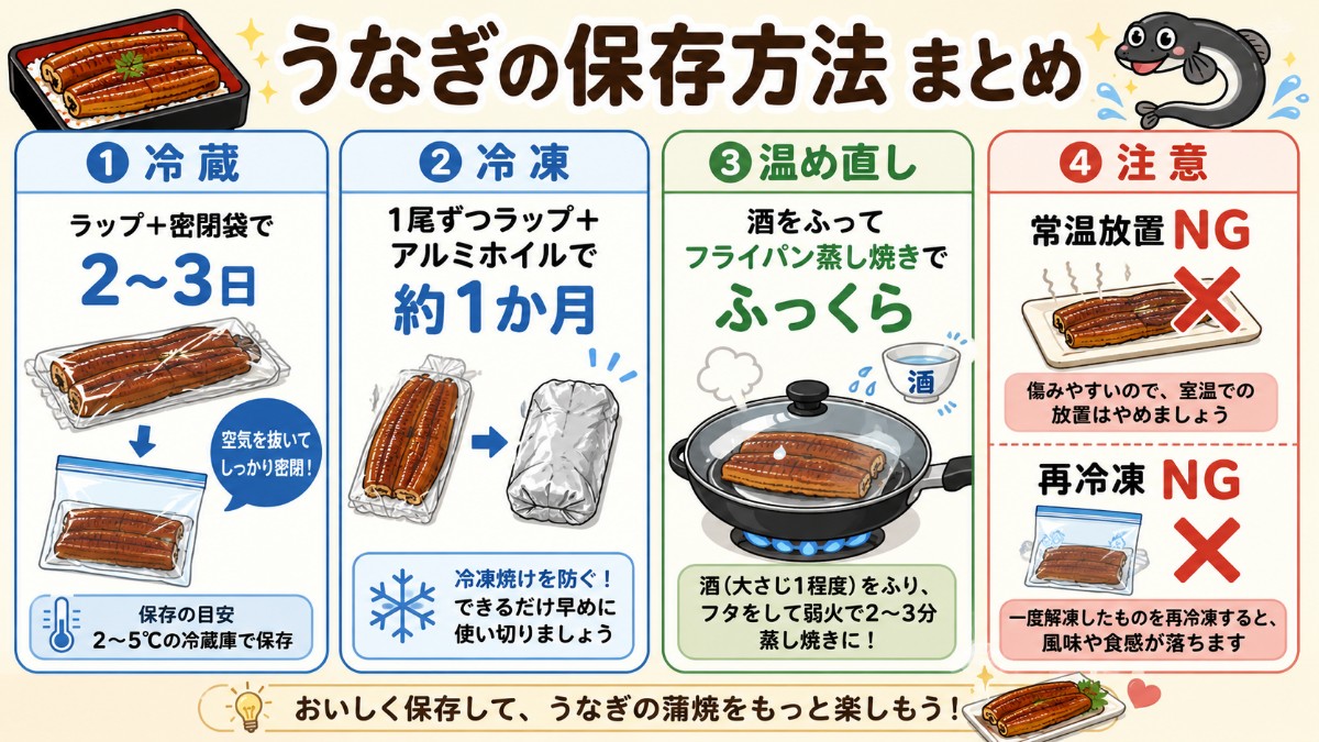 うなぎの保存方法まとめカード（冷蔵2?3日・1尾ずつ冷凍1か月・酒蒸し温め直しのまとめ）