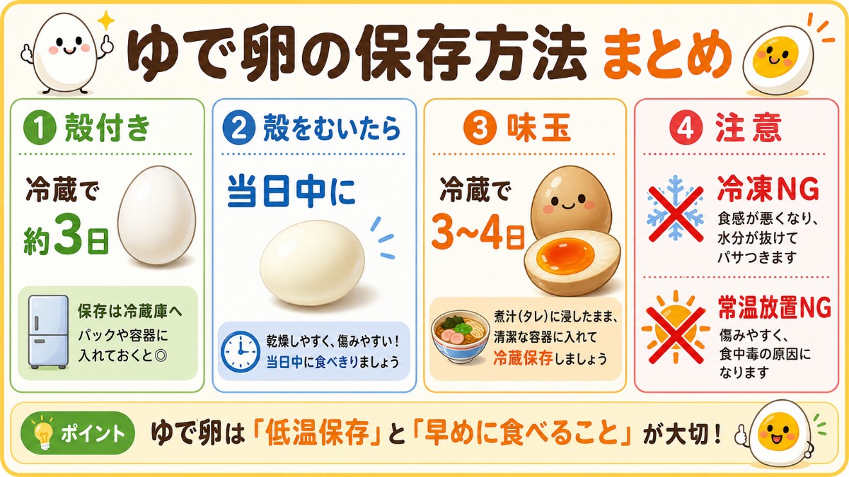 ゆで卵の保存方法まとめカード（殻付き冷蔵3日・むいたら当日中・味玉3?4日・冷凍NGのまとめ）